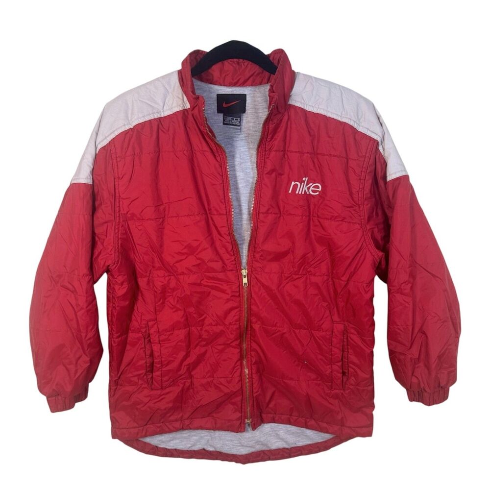 Vintage 90s Nike Mens L Quilted Puffer Jacket Red White Spellout Windbreaker